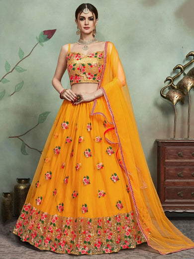 Mustard Yellow Sequins Net Bridal Lehenga Choli